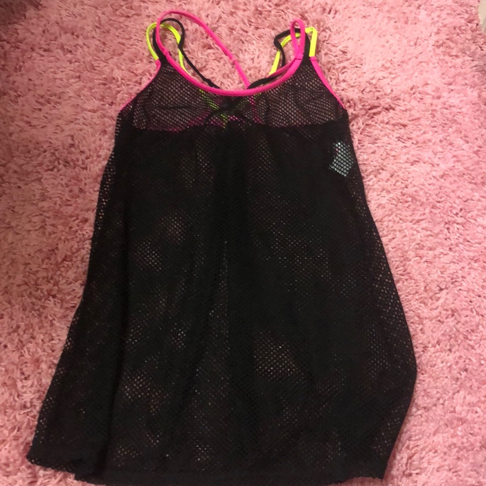 Black mesh cover up with neon straps.
